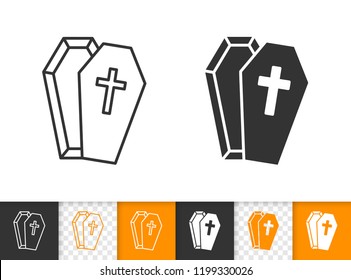 Coffin black linear and silhouette icons. Thin line sign of halloween. Vampire Casket outline pictogram isolated on white color, transparent background. Vector Icon shape. Casket simple symbol closeup