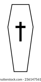 A coffin, black and white vector silhouette illustration of casket funerary box with cross, isolated on white background