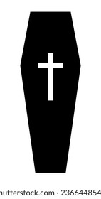 A coffin, black and white vector silhouette illustration of casket funerary box with cross, isolated on white background
