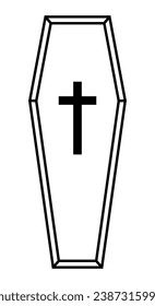 A coffin, black and white vector silhouette illustration of casket funerary box with cross, isolated on white background
