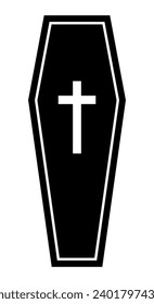 A coffin, black and white vector silhouette illustration of casket funerary box with cross, isolated on white background