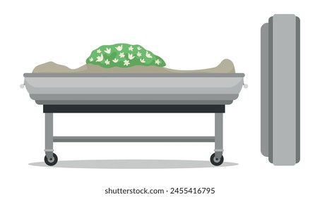 Coffin with body before cremation on white background