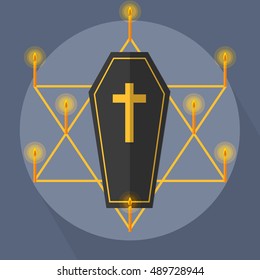 Coffin Candle Light Star Flat Vector Illustration