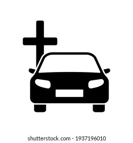 Coffin Car Icon. Hearse Automobile Symbol. Burial Black Transport Service. Car With Christian Cross Silhouette. Religion Concept. Vector Isolated On White