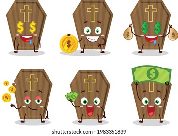 Coffin cartoon character with cute emoticon bring money