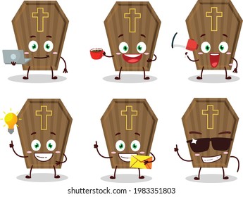 Coffin cartoon character with various types of business emoticons