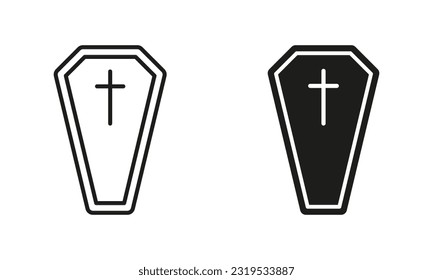 Coffin Casket Line and Silhouette Black Icon Set. Spooky Death, Wooden Grave, Funeral Cemetery Pictogram. Halloween Holiday Decoration Symbol Collection. Isolated Vector Illustration.