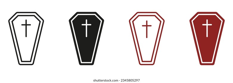 Coffin Casket Line and Silhouette Icon Set. Halloween Holiday Decoration Black and Color Symbol Collection. Spooky Death, Wooden Grave, Funeral Pictogram. Isolated Vector Illustration.