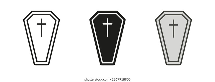 Coffin Casket Line and Silhouette Icon Set. Halloween Holiday Decoration Black and Color Symbol Collection. Spooky Death, Wooden Grave, Funeral Pictogram. Isolated Vector Illustration.