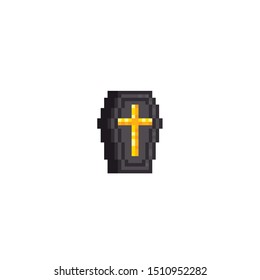 Coffin character pixel art icon. Element design for logo, stickers, web, embroidery and mobile app. Isolated vector illustration. 8-bit sprite.