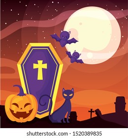 coffin with christian cross on cemetery scene