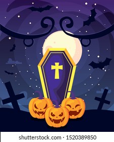 coffin with christian cross on cemetery scene