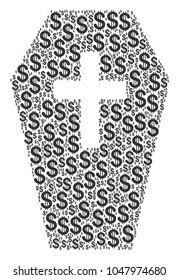 Coffin collage of dollar symbols. Vector dollar currency pictograms are united into coffin composition.