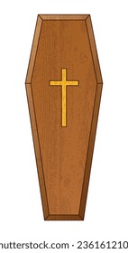 A coffin, color vector illustration of casket funerary box with cross, isolated on white background