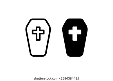 Coffin with cross icon in black and white vector