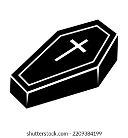 Coffin with cross icon. Halloween illustration. Halloween sticker for decorations