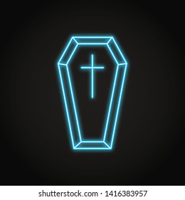 Coffin with cross icon in neon line style. Death symbol. Vector illustration.