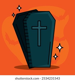 Ataúd con la ilustración de la cruz para la decoración grave de Halloween, Vector