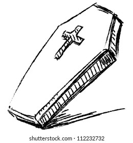 Coffin with cross isolated on white. Hand drawing sketch vector illustration