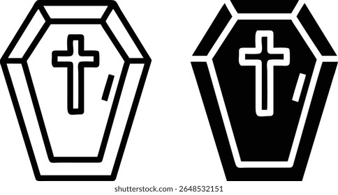 Coffin with Cross Line Icons – Black and White Minimal Funeral Casket Vector Illustration