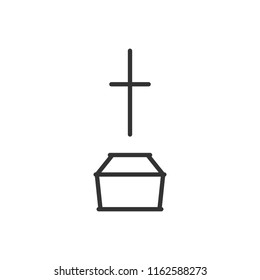 Coffin and cross sign, logo, pictogram for mobile app and web design. Ceremony of burial. Simple linear style vector single icon.  Isolated on white background. Editable stroke. Pixel graphics. 