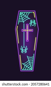 Coffin with cross and spiders neon. Happy Halloween. Neon lamp, arc, bus, tube. Isolated vector stock illustration EPS 10.