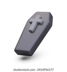 Coffin with cross. Timber old grave open lid. Creative and funny horror concept. Design Halloween object concept. Horror, fear. RIP. Vector illustration in 3d style