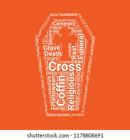 Coffin with cross word cloud vector design creative concept. Coffin with cross icon shape. Trendy vector word collection.