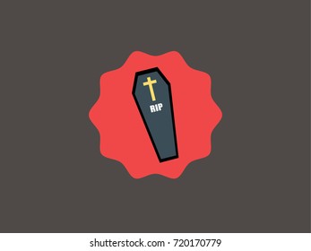 The coffin of the death people icon/logo with the yellow cross and RIP text on itself for Halloween's day theme.