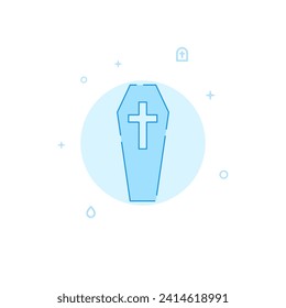 Coffin, deceased vector icon. Flat illustration. Filled line style. Blue monochrome design. Editable stroke. Adjust line weight.