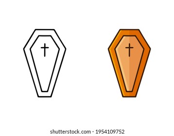 Coffin doodle icon. Linear and color version. Hand drawn simple illustration of traditional Halloween attribute. Contour isolated vector pictogram on white background