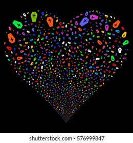 Coffin fireworks with heart shape. Vector illustration style is flat bright multicolored iconic symbols on a black background. Object love heart created from scattered icons.