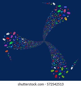 Coffin fireworks swirl rotation. Vector illustration style is flat bright multicolored iconic symbols on a blue background. Object twirl done from random pictograms.