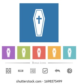 Coffin flat white icons in square backgrounds. 6 bonus icons included.