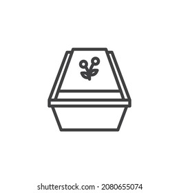 Coffin with flowers line icon. linear style sign for mobile concept and web design. Wooden coffin outline vector icon. Funeral agency symbol, logo illustration. Vector graphics