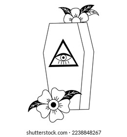 Coffin with flowers tattoo in y2k, 1990s, 2000s style. Emo goth element design. Old school tattoo. Vector illustration
