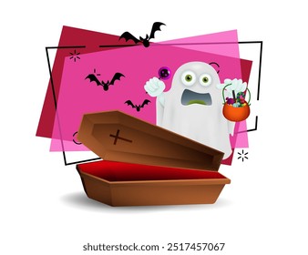 Coffin and ghost with lollipop and cauldron with sweets. Flying bats on background. Halloween concept. Vector illustration can be used for invitations, posters or banners