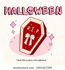 Coffin Halloween clipart, Cute Spooky Ghost , Halloween , Retro vintage Halloween , coquette clipart, Halloween sublimation, cake dessert, A set of hand-drawn icons and illustrations coffin