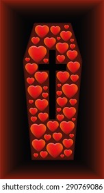Coffin with hearts sinking in a grave as a symbol for love, sorrow, tragedy and other problems related to heart issues. Vector illustration on black and red gradient background.