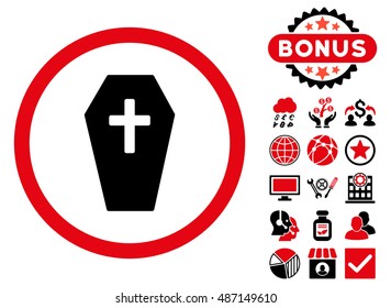 Coffin icon with bonus design elements. Vector illustration style is flat iconic bicolor symbols, intensive red and black colors, white background.