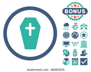 Coffin icon with bonus pictogram. Vector illustration style is flat iconic bicolor symbols, cobalt and cyan colors, white background.
