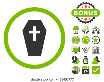 Coffin icon with bonus pictogram. Vector illustration style is flat iconic bicolor symbols, eco green and gray colors, white background.