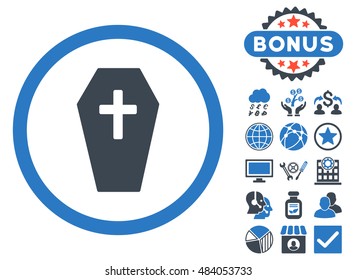 Coffin icon with bonus pictures. Vector illustration style is flat iconic bicolor symbols, smooth blue colors, white background.