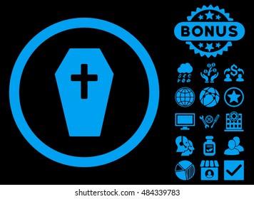 Coffin icon with bonus symbols. Vector illustration style is flat iconic symbols, blue color, black background.