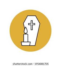 Coffin icon and candle in a yellow circle. Funeral ceremony. Festival of the Dead or Halloween. Custom button in the app interface. Vector graphics.
