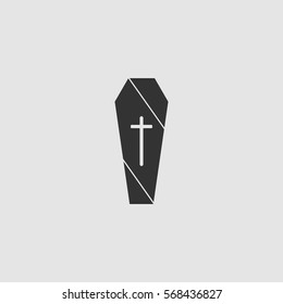 Coffin icon flat. Black pictogram on grey background. Vector illustration symbol