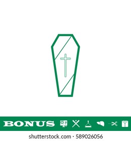 Coffin icon flat. Green pictogram on white background. Vector illustration symbol and bonus button