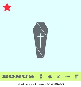 Coffin icon flat. Grey pictogram on blue background. Vector illustration symbol and bonus buttons medal, cow, earth, eye, calculator