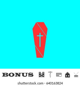 Coffin icon flat. Red pictogram on blue background. Vector illustration symbol and bonus buttons Music center, corkscrew, credit card, house, drum