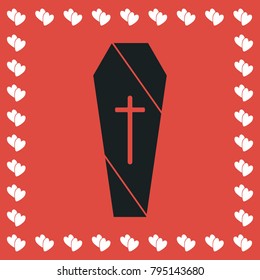 Coffin icon flat. Simple black pictogram on red background with white hearts for valentines day. Vector illustration symbol